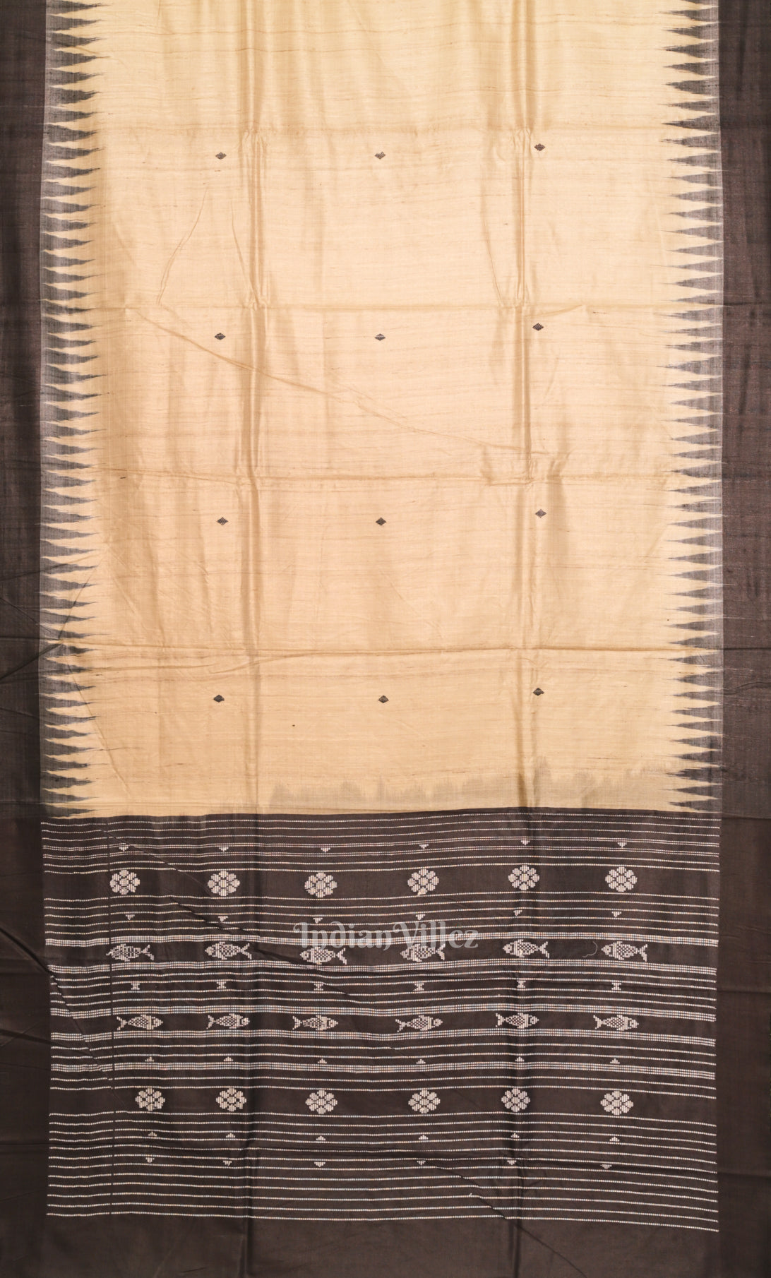 Beige Black Gopalpur Tussar Silk Saree with Fish Motif Anchal