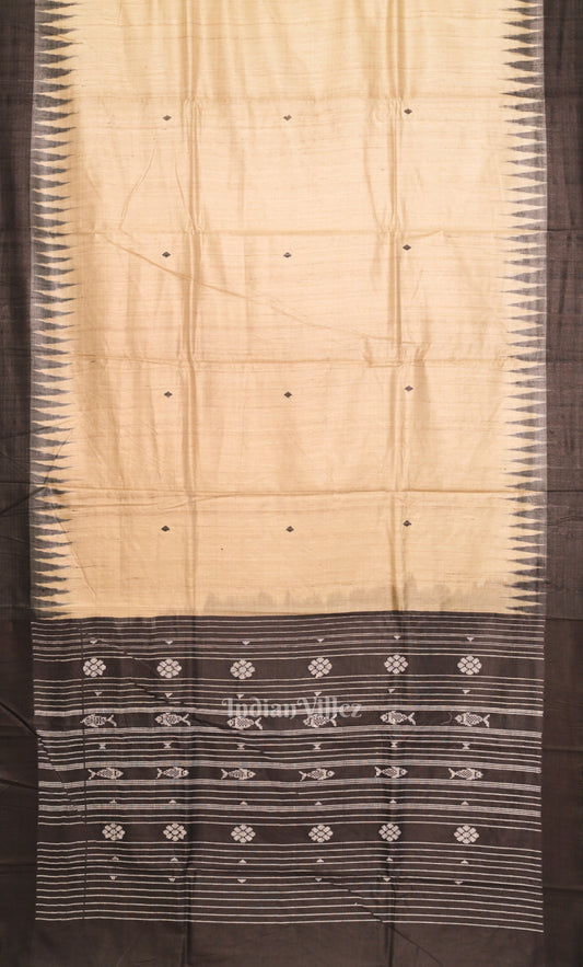 Beige Black Gopalpur Tussar Silk Saree with Fish Motif Anchal