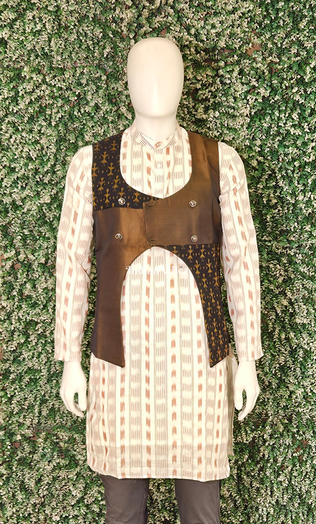 Brown Black Tribal Motif Odisha Ikat Half Bandi Jacket for Men 
