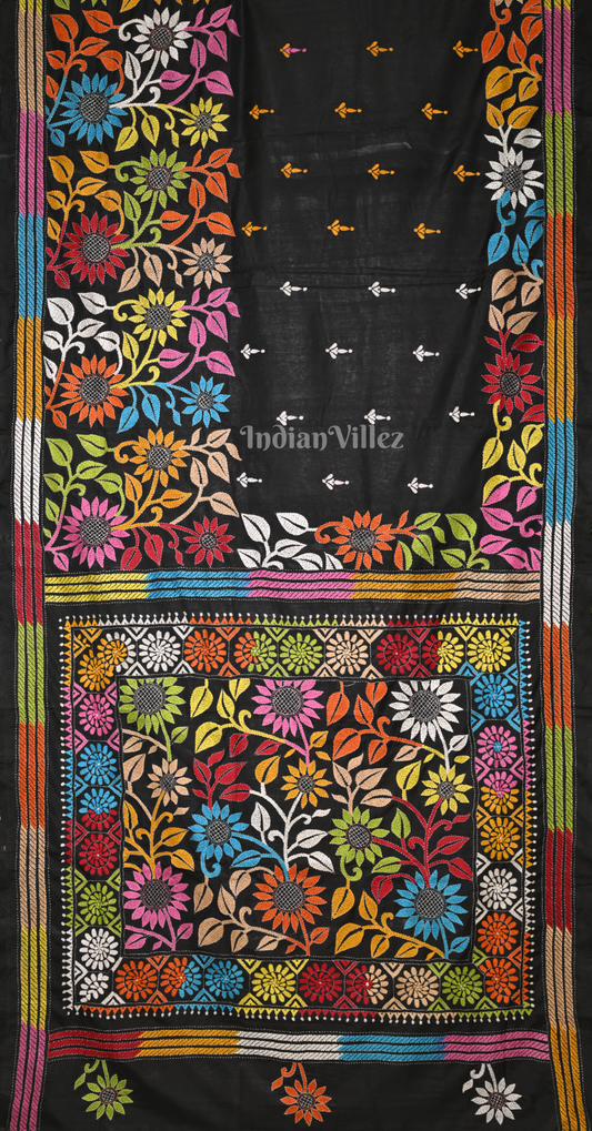 Black Floral Handwoven Kantha Stitch Silk Saree