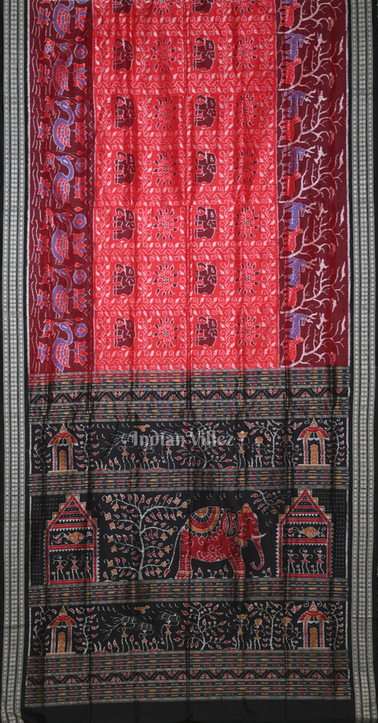 Red Black Tree & Elephant Motif Odisha Ikat Sambalpuri Silk Saree