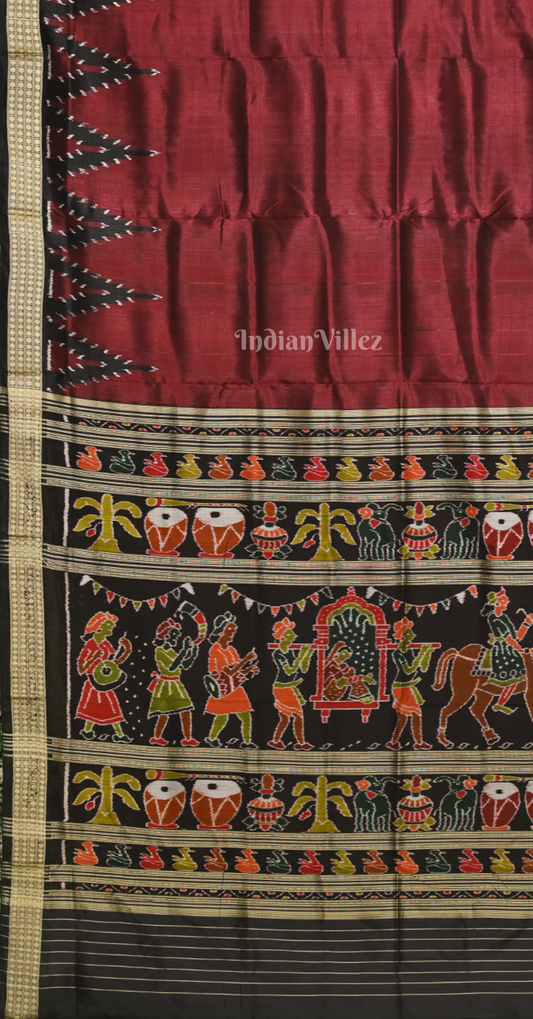  Maroon Black Bada Kumbha Odisha Ikat Khandua Silk Saree with Doli Barat Anchal