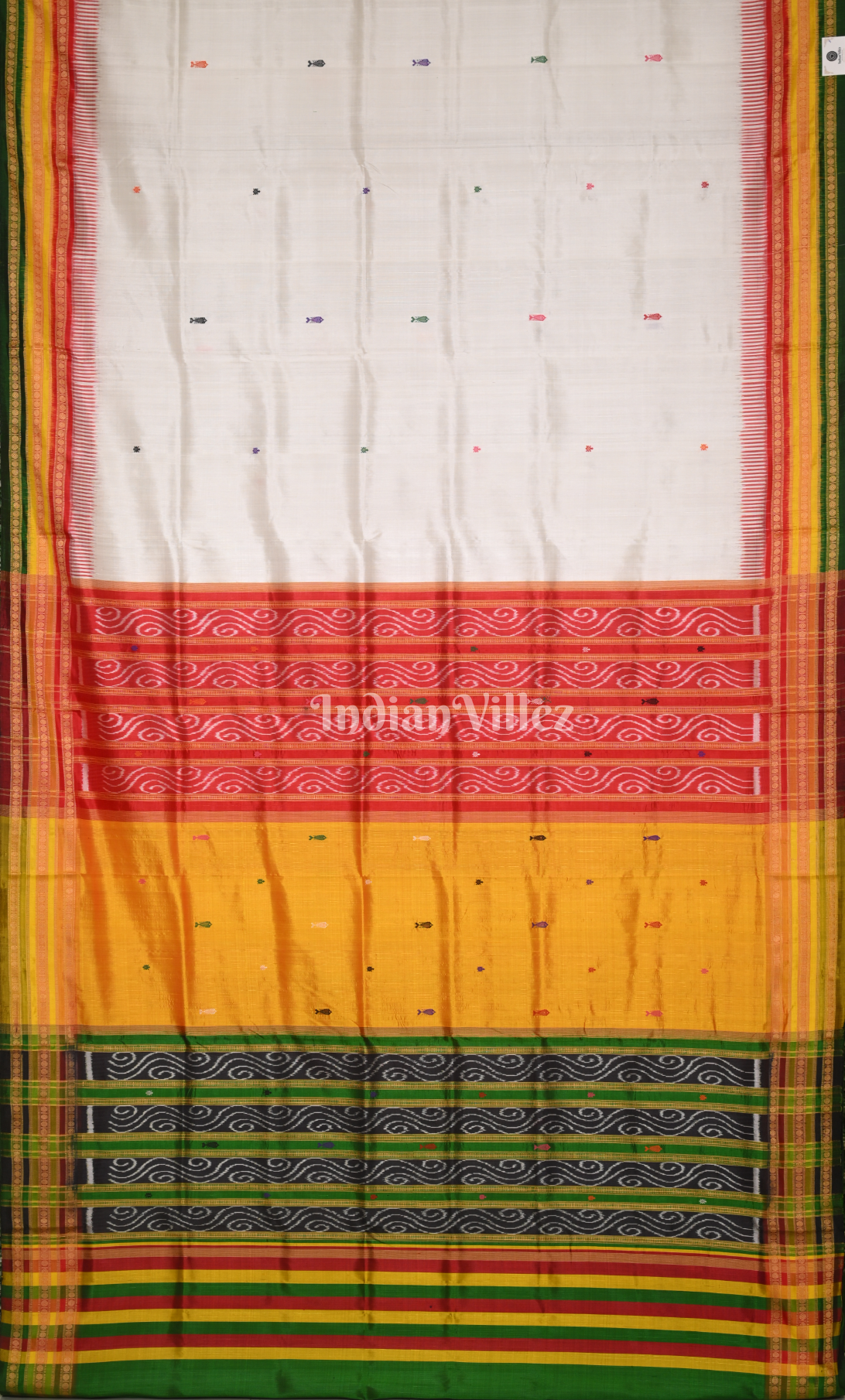 White Green Fish Motif Kathiphera Odisha Ikat Khandua Silk Saree
