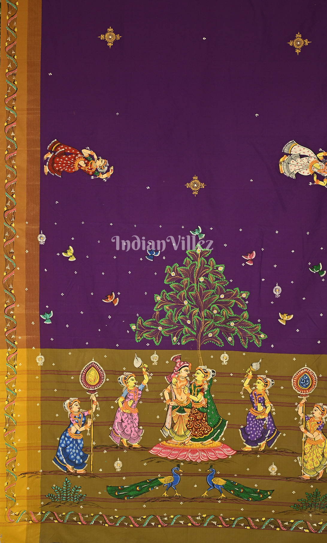 Purple Olive Green Krishna Raasleela Hand-Painted Pattachitra Saree 