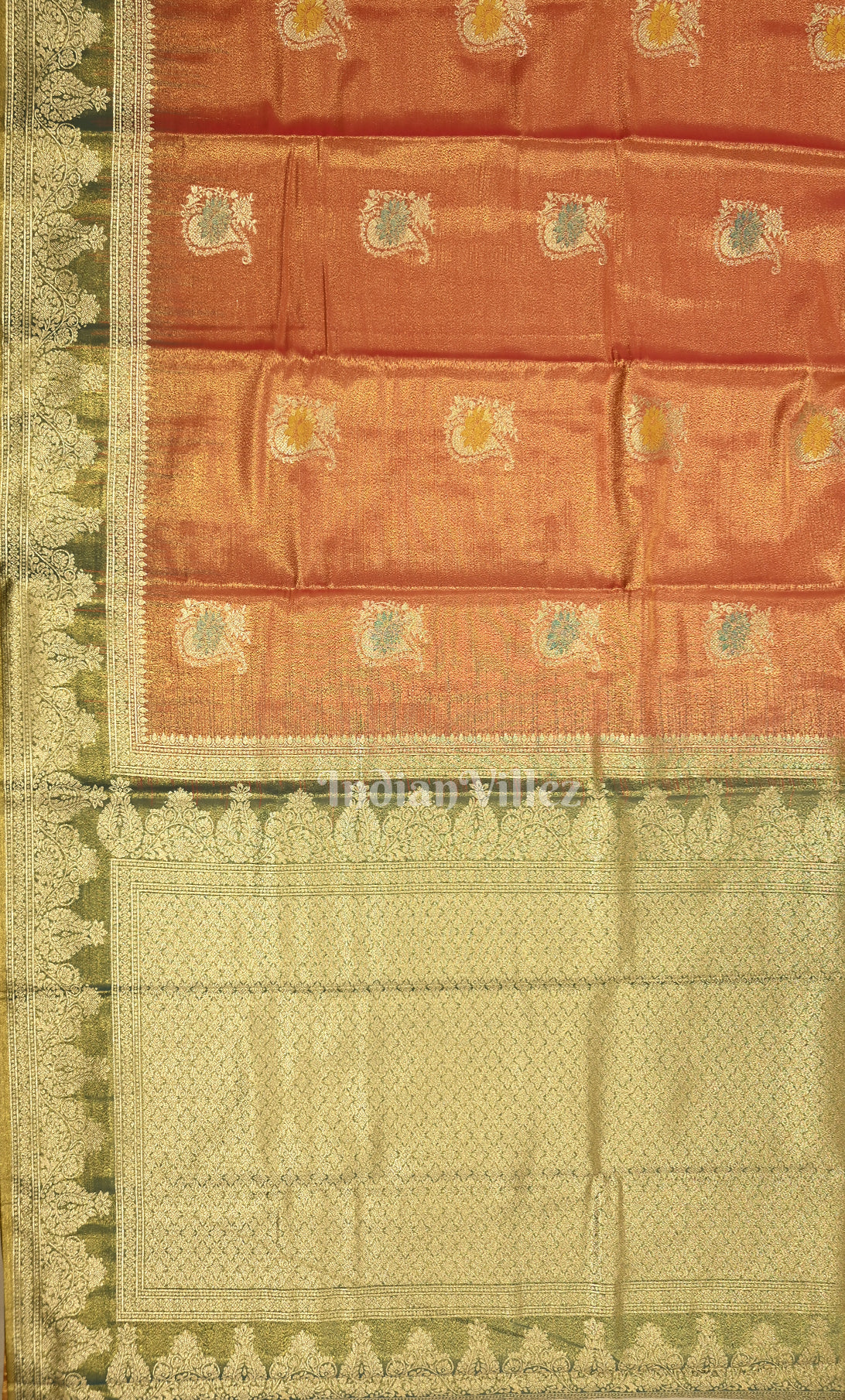 Light Orange Green Dual Tone Brocade Pure Kanjivaram Tissue Silk Saree