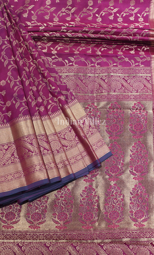 Plum Purple Blue Pure Kanjivaram Silk Saree with Zari Brocade 