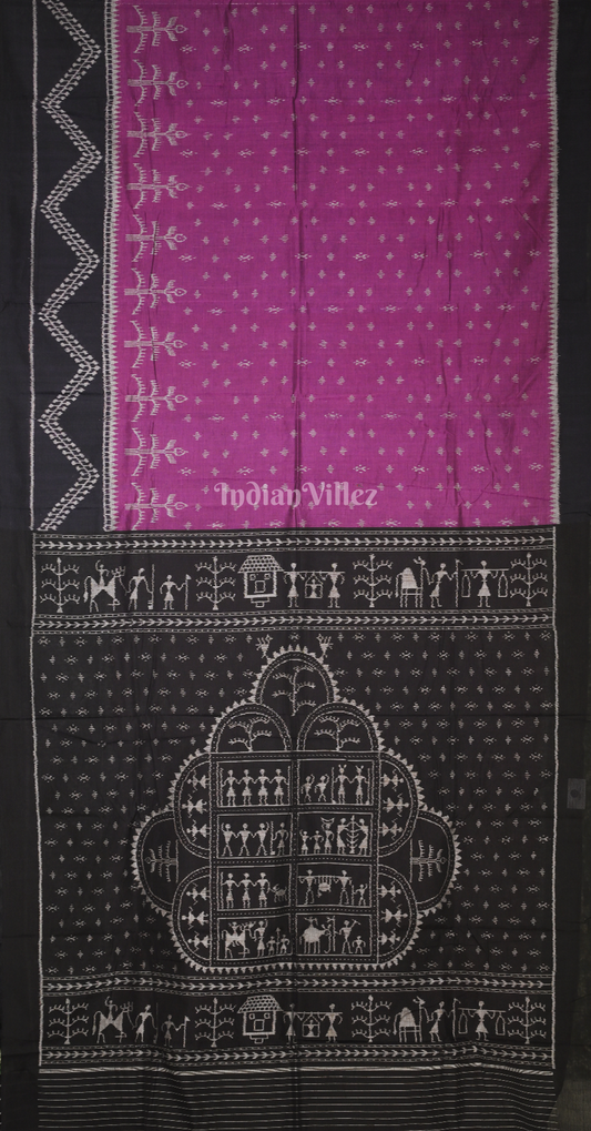 Pink Black Tribal Theme Odisha Ikat Sambalpuri Cotton Saree 