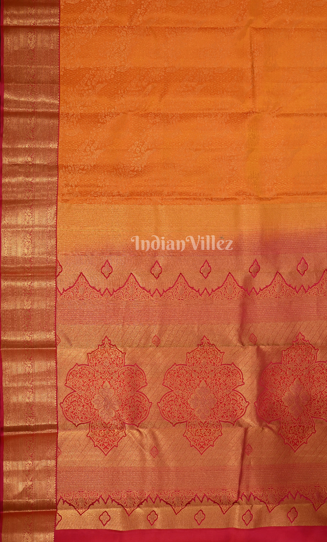 Orange Rani Pink Floral Brocade Pure Kanjivaram Silk Saree 