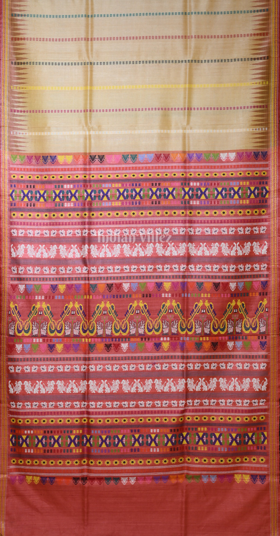 Beige Red Veena Pani Theme Fine Gopalpur Tussar Silk Saree 