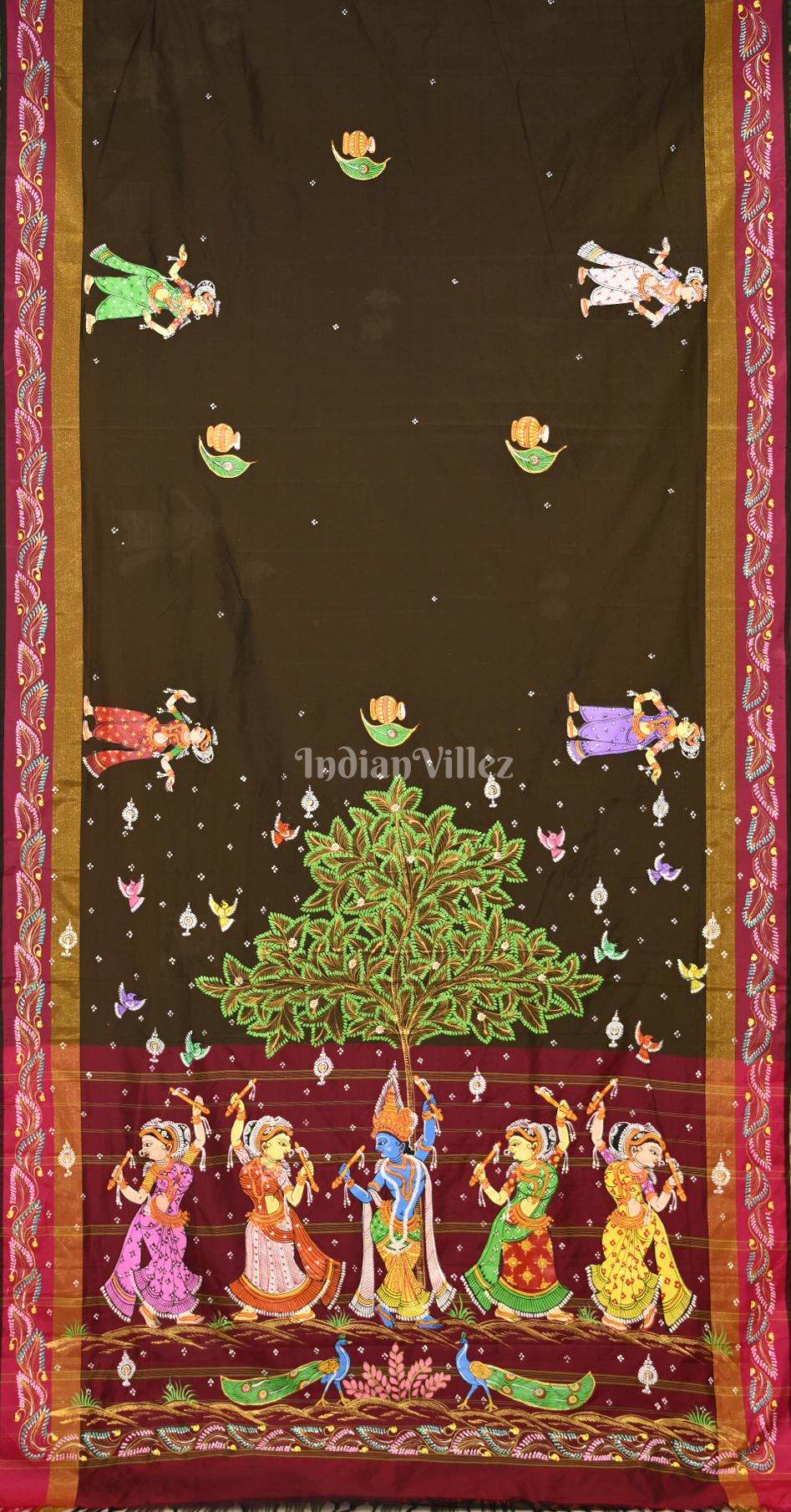 Moss Green Maroon Krishna Raas Hand-Painted Pattachitra Saree 