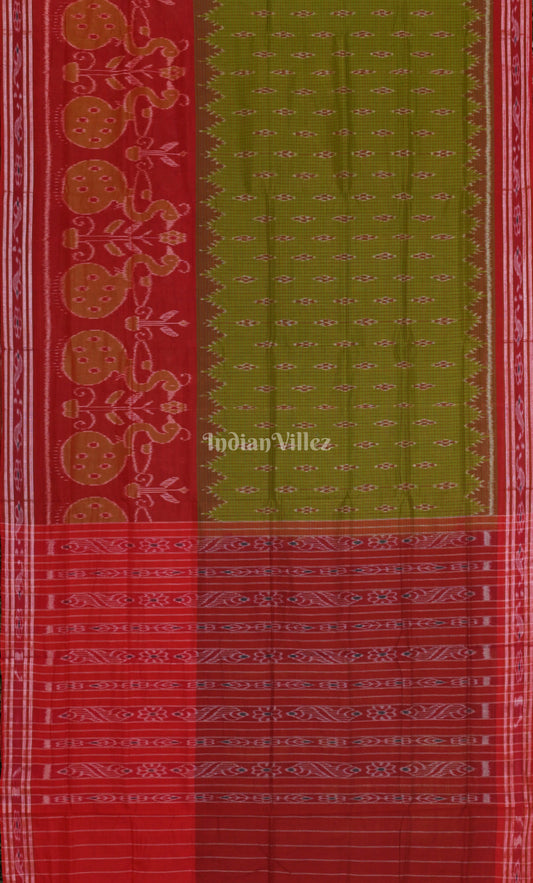 Mehendi Green Red Odisha Ikat Maniabandha Cotton Saree 