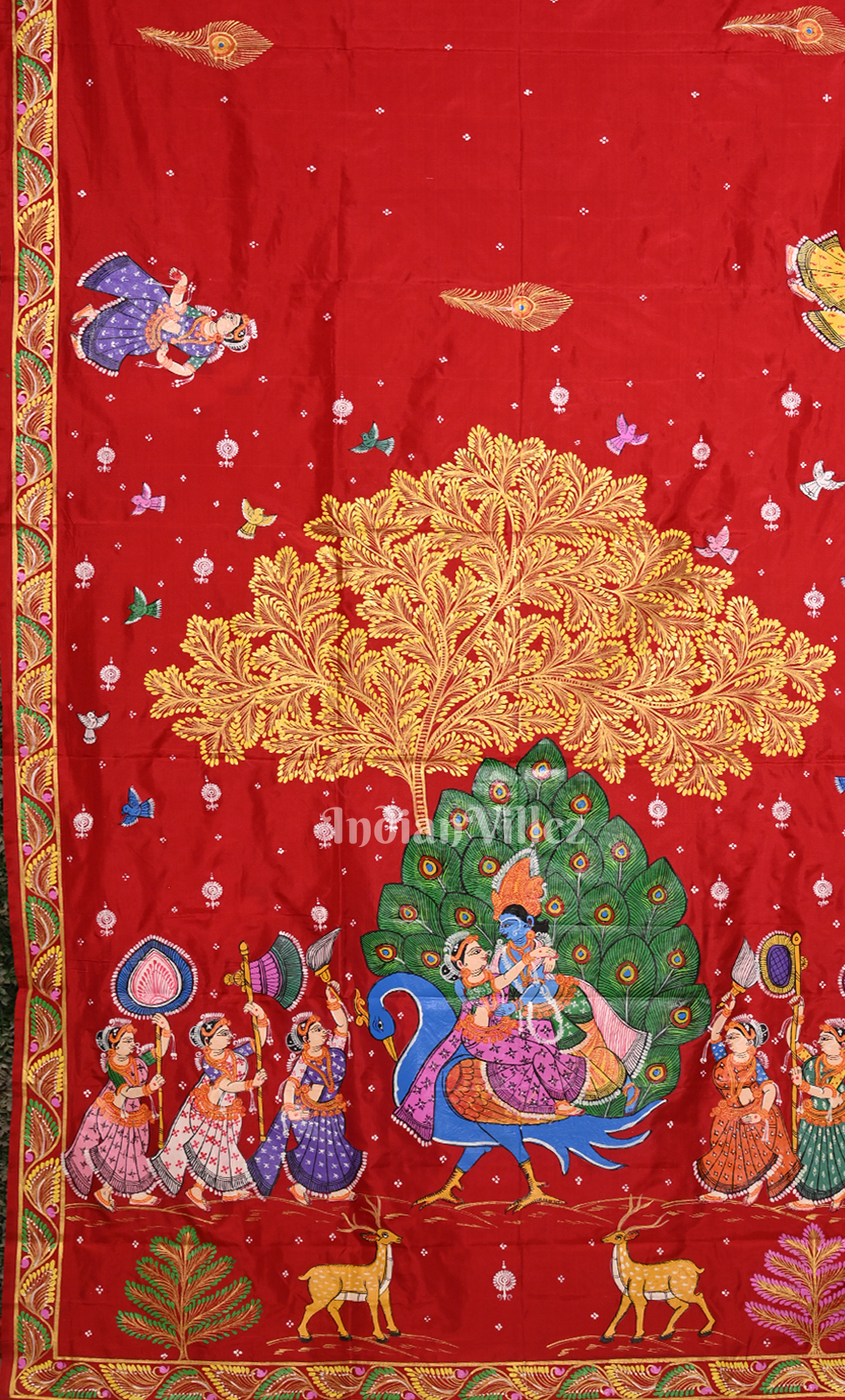  Red  Peacock (Mayur) & Nartaki Theme  Hand-Painted Pattachitra Saree
