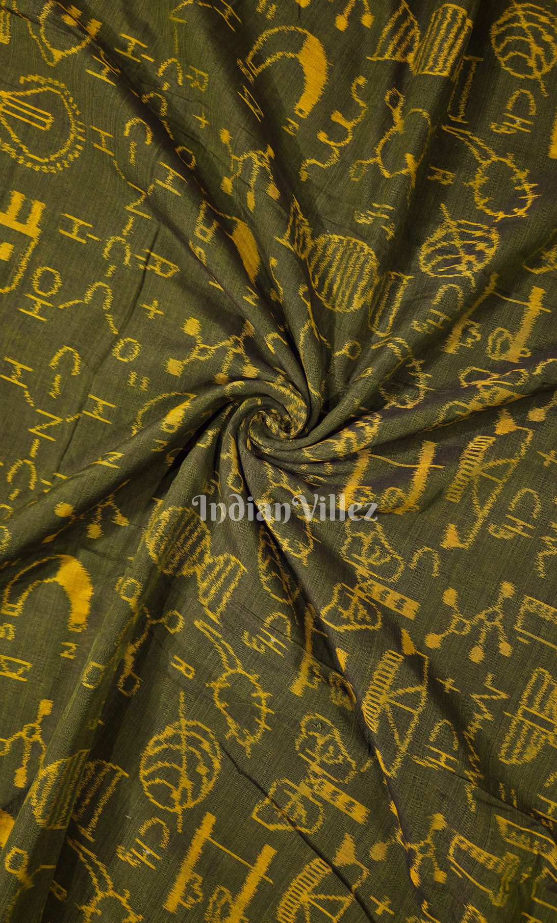 Bottle Green Yellow Tribal Motif Odisha Ikat Sambalpuri Cotton Fabric 