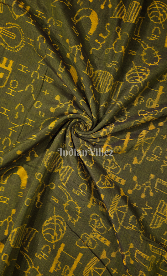 Bottle Green Yellow Tribal Motif Odisha Ikat Sambalpuri Cotton Fabric 