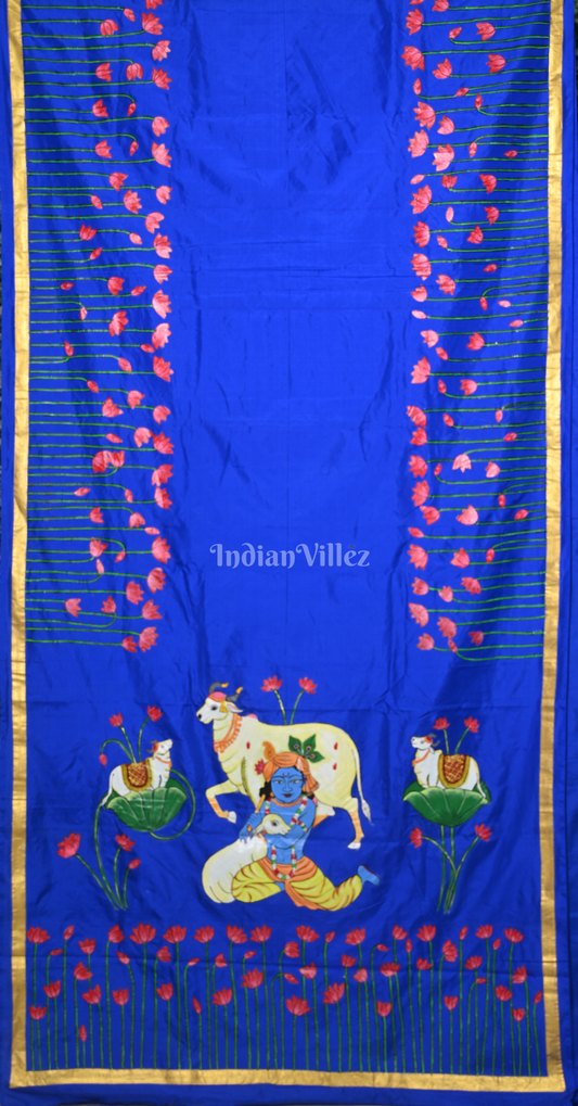 Royal Blue Pichwai Hand-Painted Pattachitra Saree 