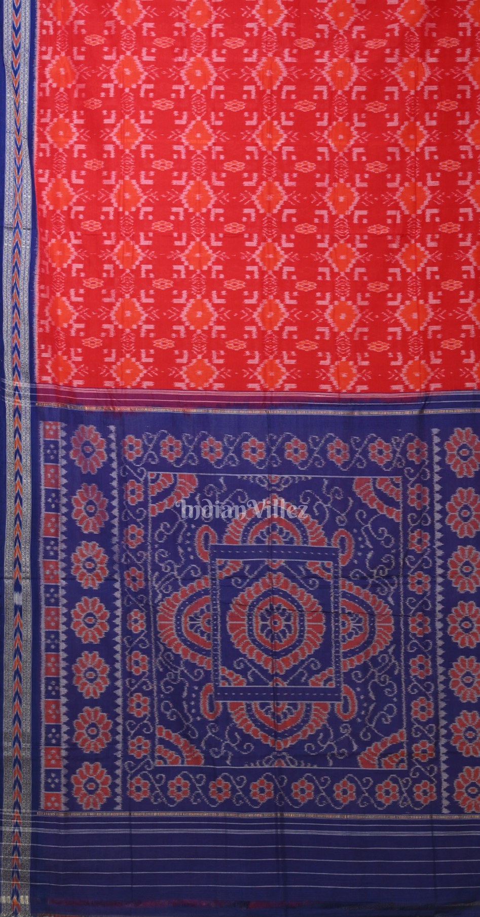 Red Blue Floral Motif Odisha Ikat Sambalpuri Cotton Saree 