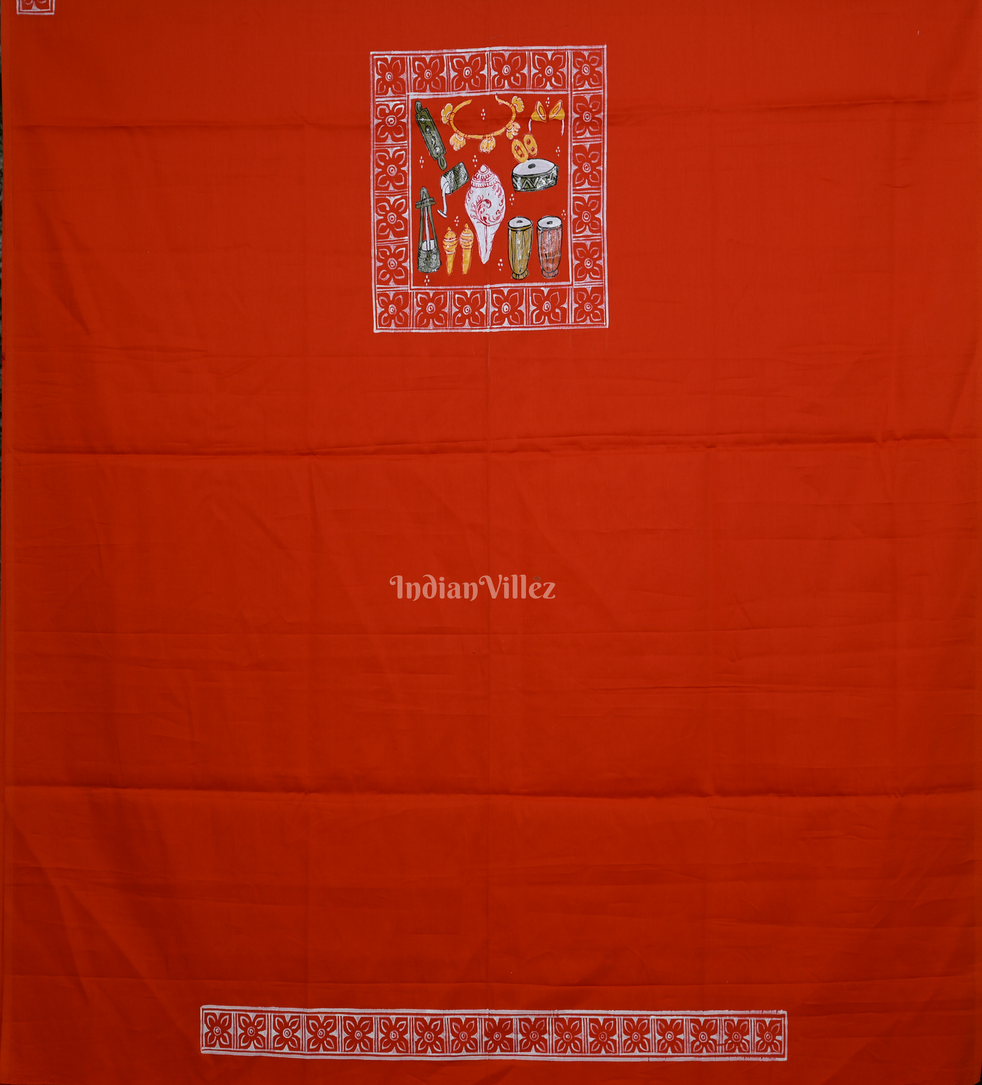 Red Village Theme Hand-Painted Pattachitra Kurti (Unstitched)