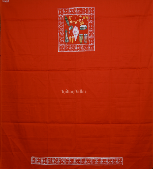 Red Village Theme Hand-Painted Pattachitra Kurti (Unstitched)