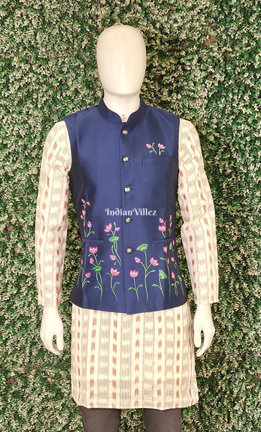Royal Blue Floral Motif Hand-Painted Pattachitra Half Bandi Jacket for Men