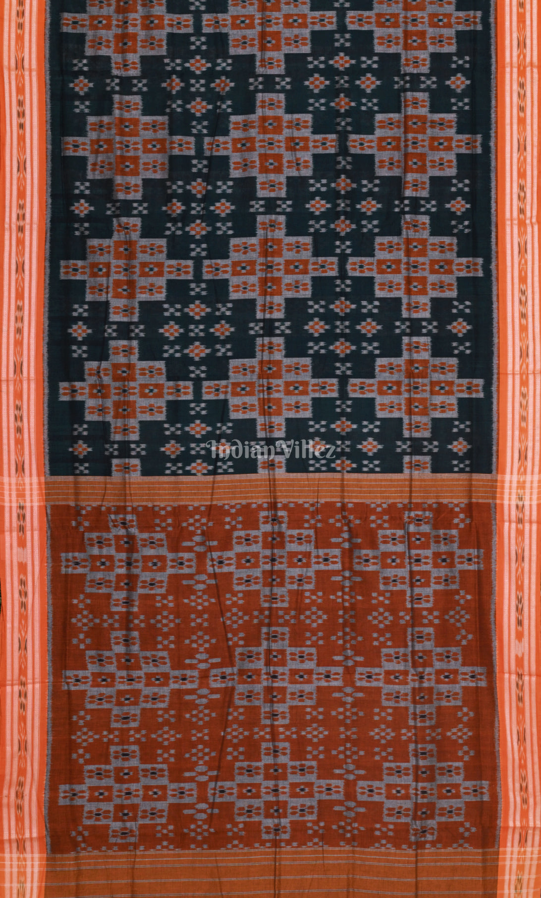 Bottle Green Orange Pasapali Odisha Ikat Sambalpuri Cotton Saree