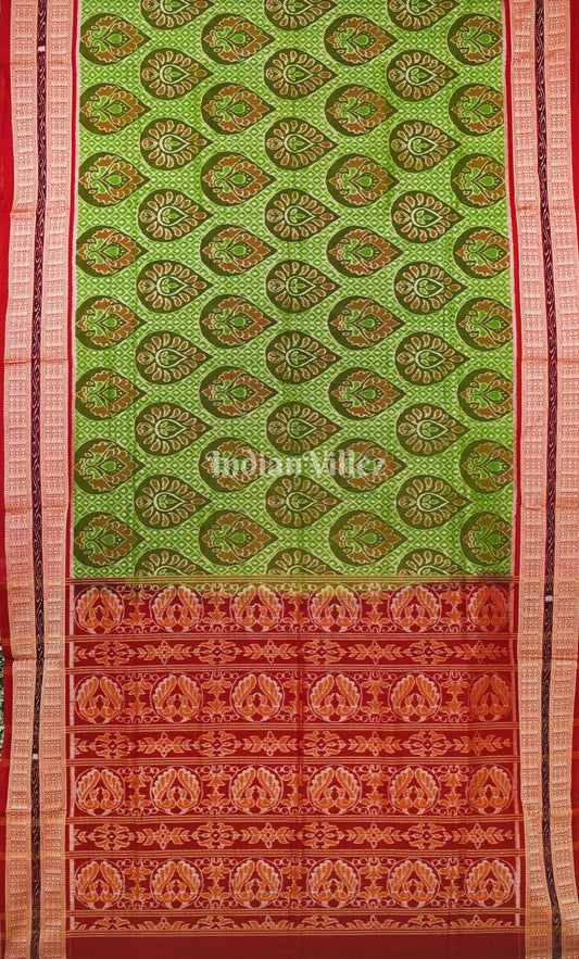  Green Red  Flower Motif Odisha Ikat Sambalpuri Cotton Saree 
