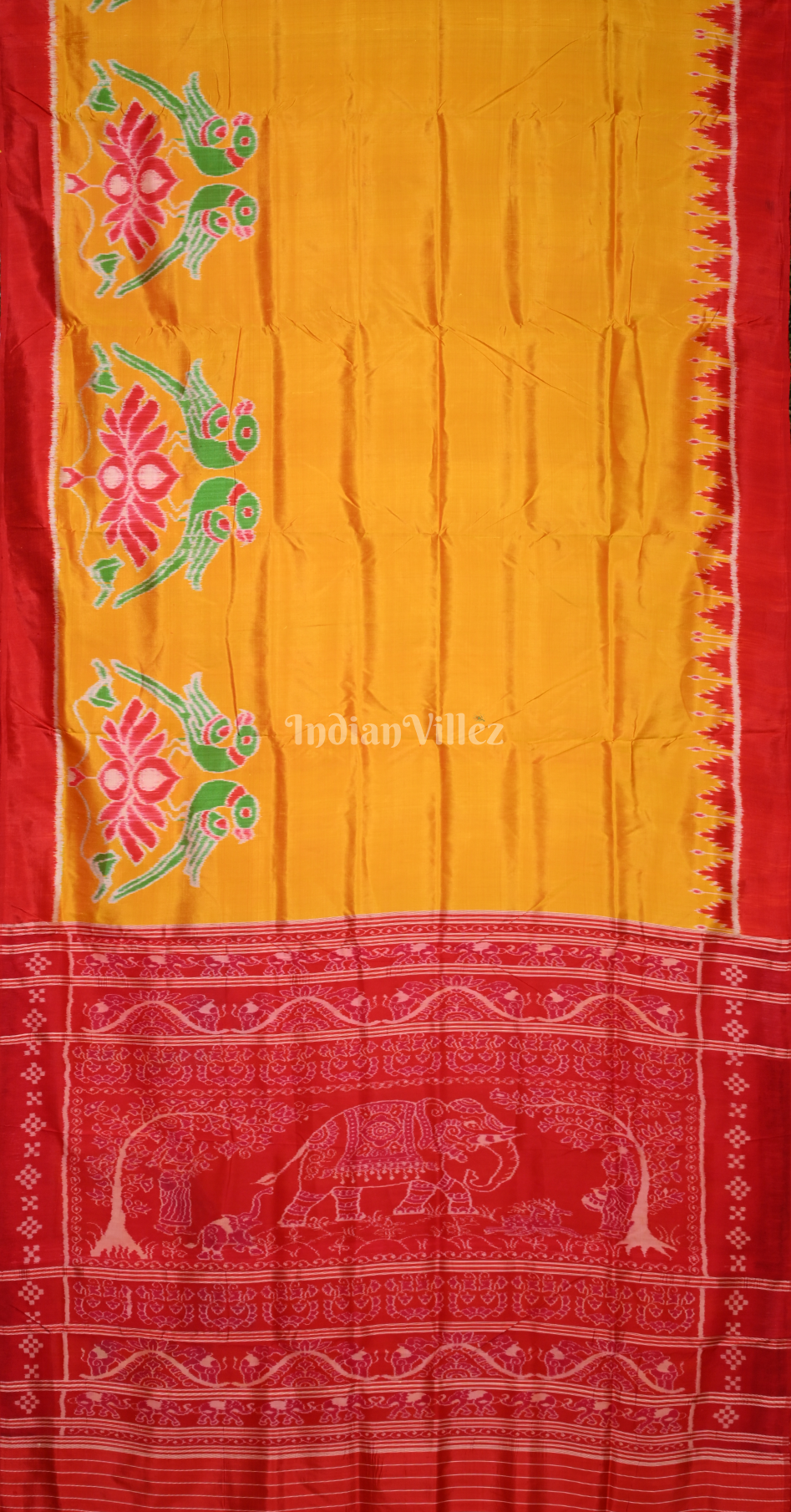 Mustard Yellow Red Lotus Parrot Theme Contemporary Designer Silk Saree