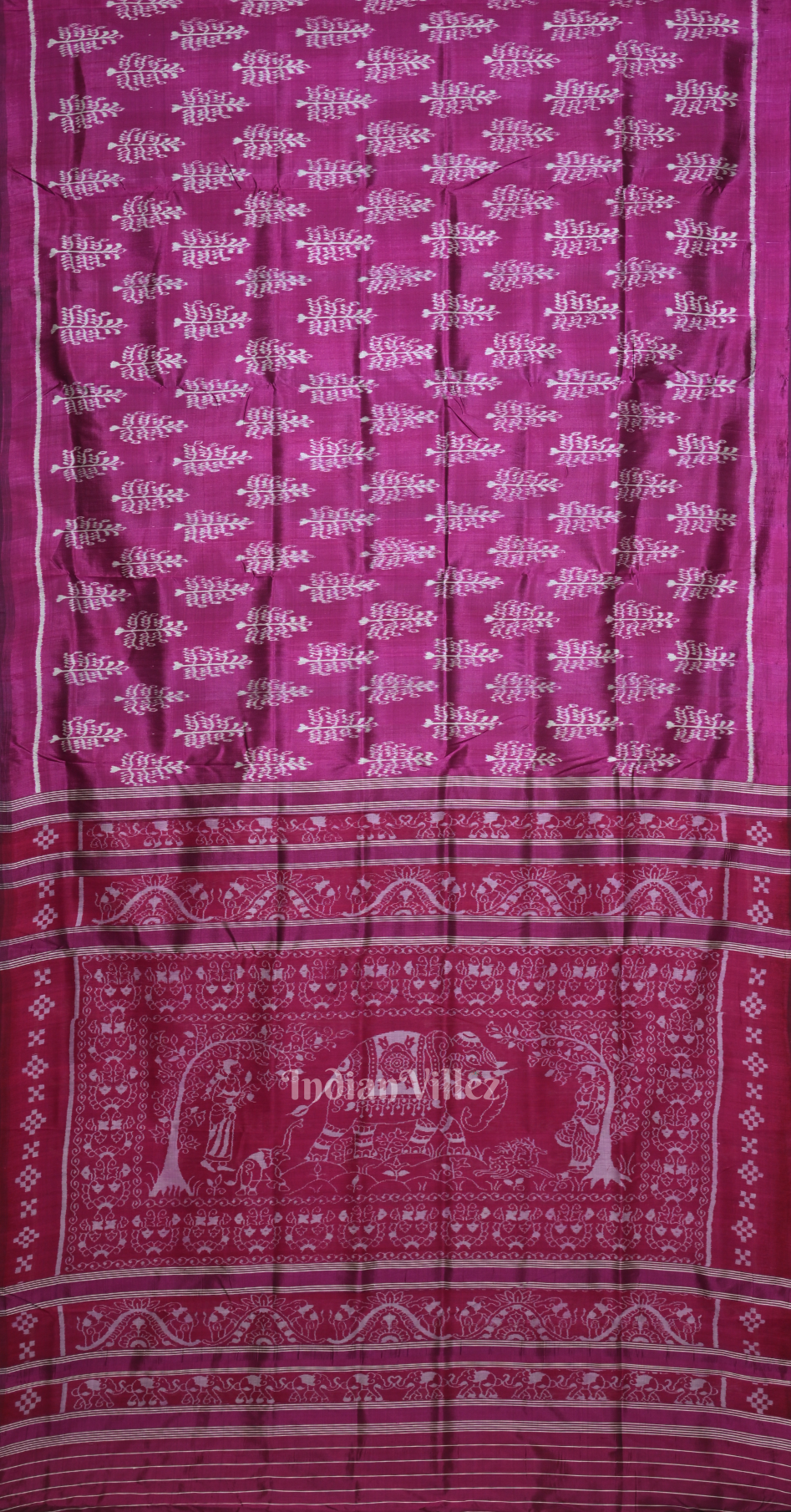 Magenta Pink Tree Motif Odisha Ikat Contemporary Designer Saree with Elephant Anchal