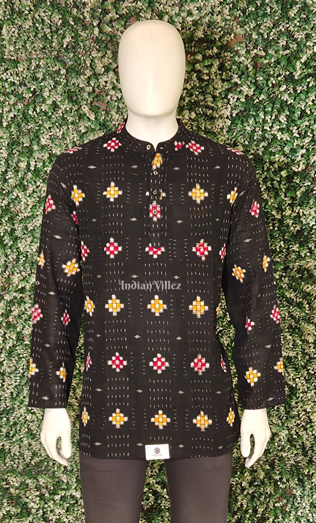 Black Pasapali Odisha Ikat Cotton Kurta for Men 