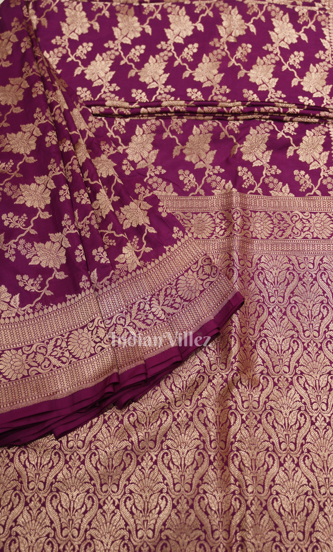  Stunning Magenta Pure Katan Banarasi Silk Saree with  Golden Floral Jaal