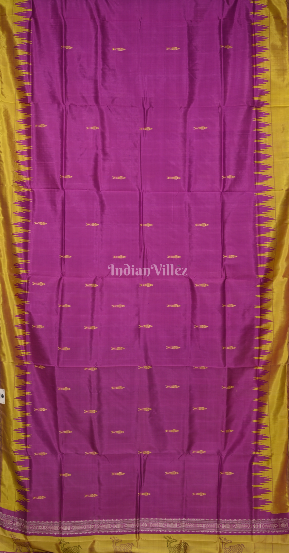 Purple Mustrad Yellow Fish Motif Double Pallu Berhampuri Silk Saree