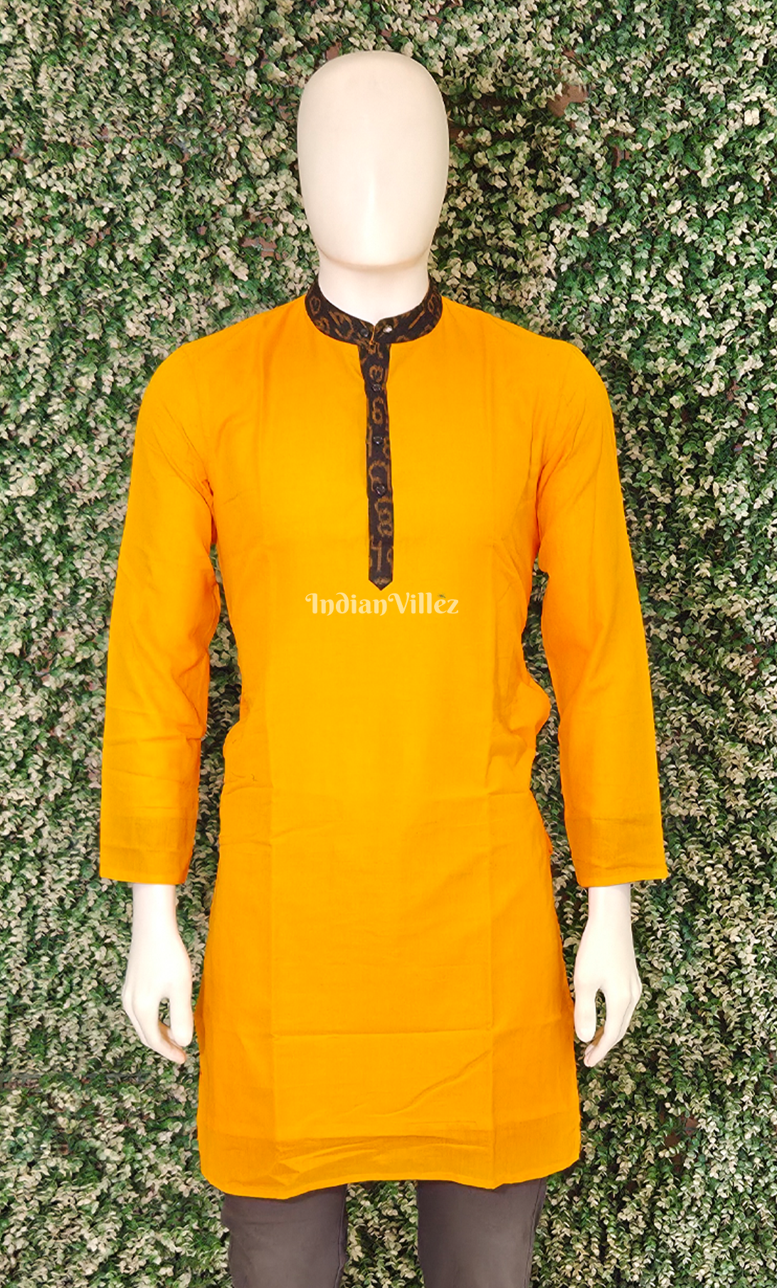 Mustard Yellow Black Odisha Ikat Cotton Kurta for Men 