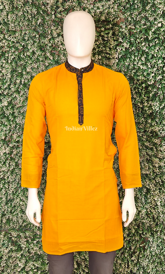 Mustard Yellow Black Odisha Ikat Cotton Kurta for Men 