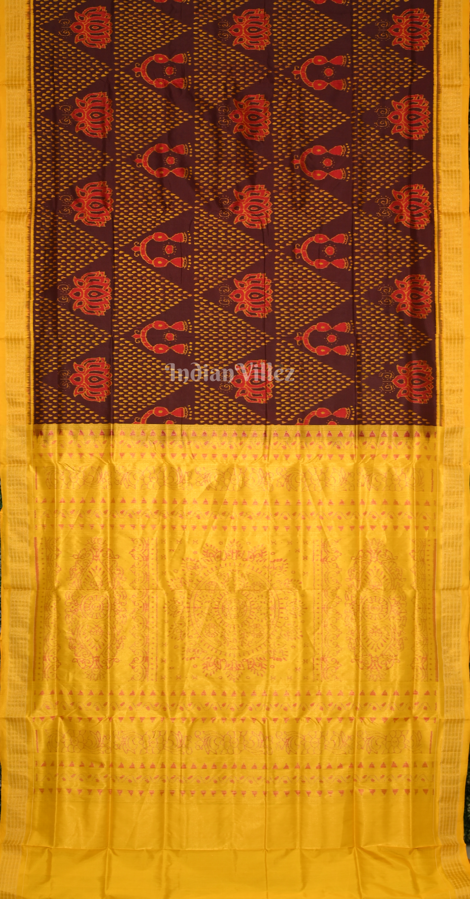 Maroon Yellow Lakshmi Feet Odia Jhoti Theme Half Tissue Sambalpuri Silk Saree
