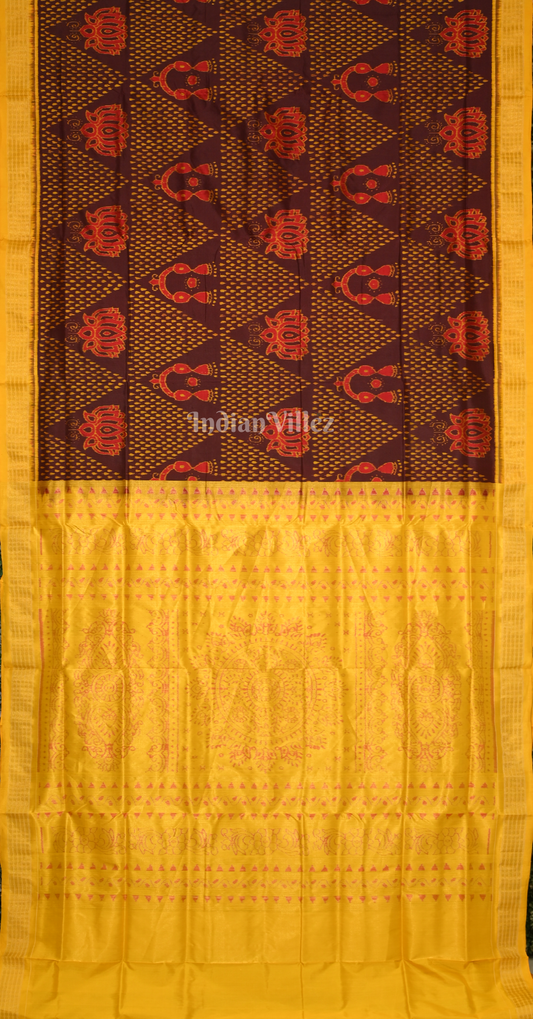 Maroon Yellow Lakshmi Feet Odia Jhoti Theme Half Tissue Sambalpuri Silk Saree
