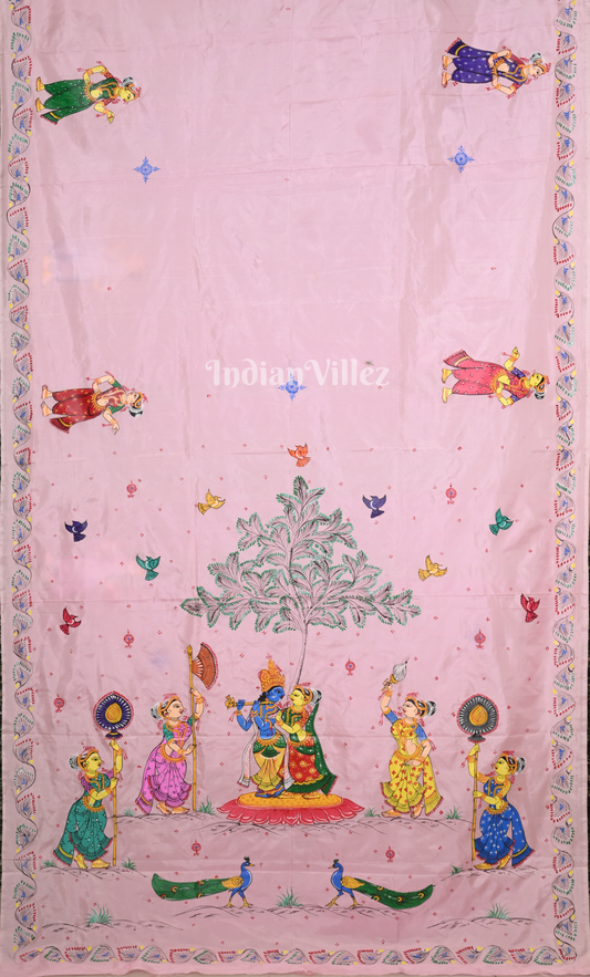 Baby Pink Radha Krishna Raas Leela Hand-Painted Pattachitra Saree