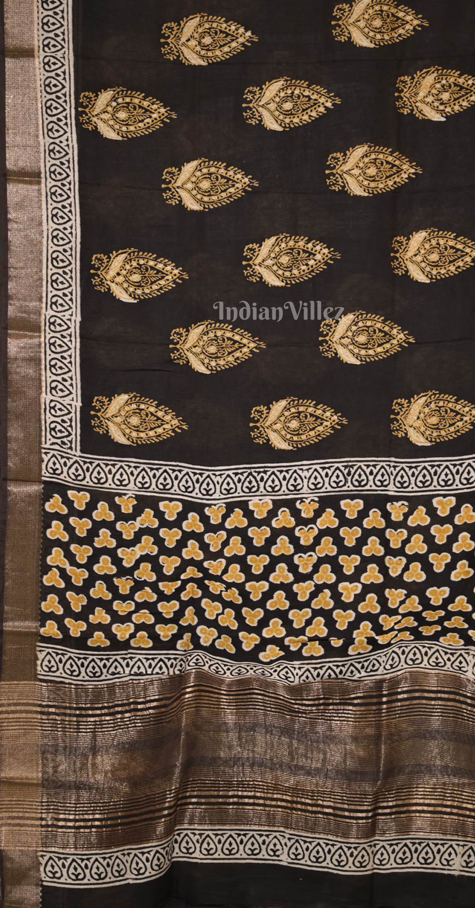 Black Yellow Block Printed Dabu Cotton Saree