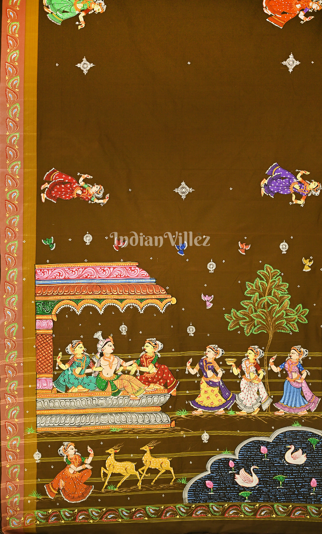 Mehendi Green Krishna Raasleela Hand-Painted Pattachitra Sare