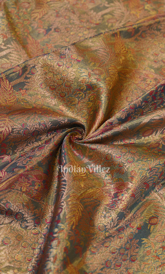  Exclusive Designer Olive Green Floral Pure Kanjivaram Tissue Silk Saree 