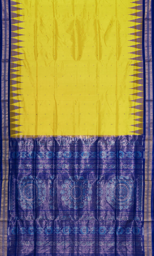 Yellow Blue Buti Odisha Ikat Bomkai Half Tissue Silk Saree 