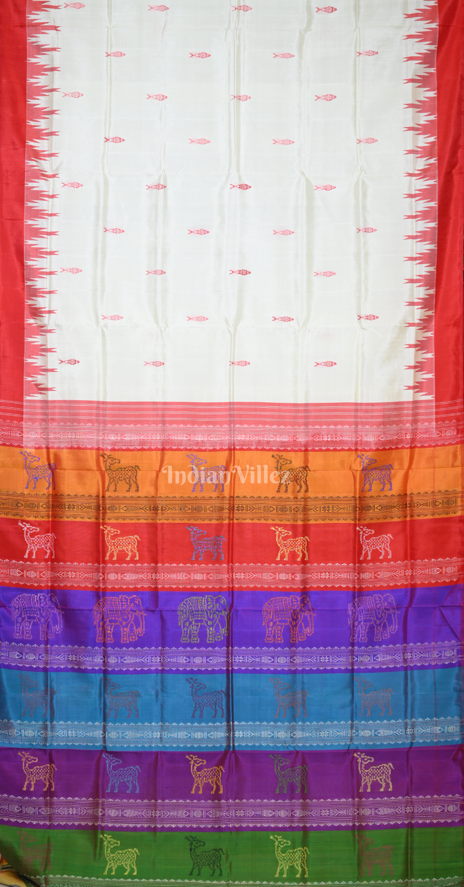 White Red Fish Motif Double Pallu Berhampuri Silk Saree 