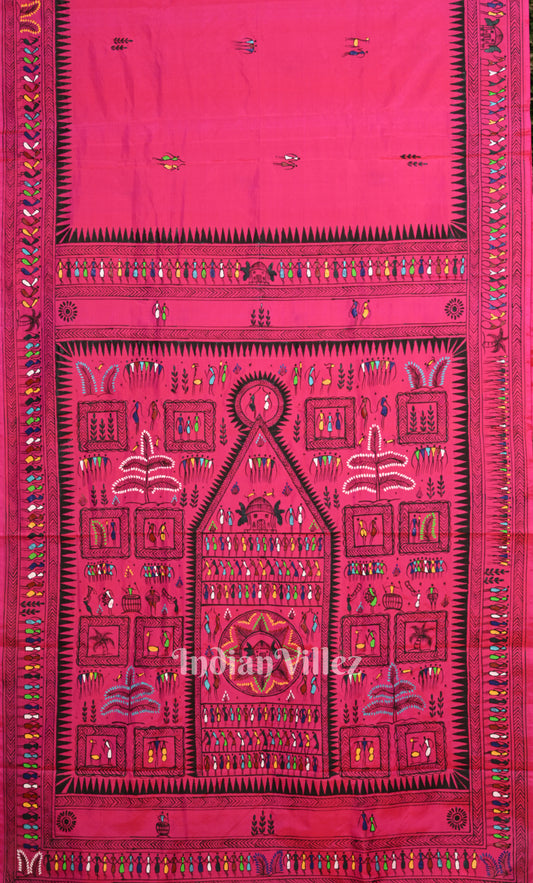 Rani Pink Saura Tribal Art Hand-Painted Pattachitra Saree 
