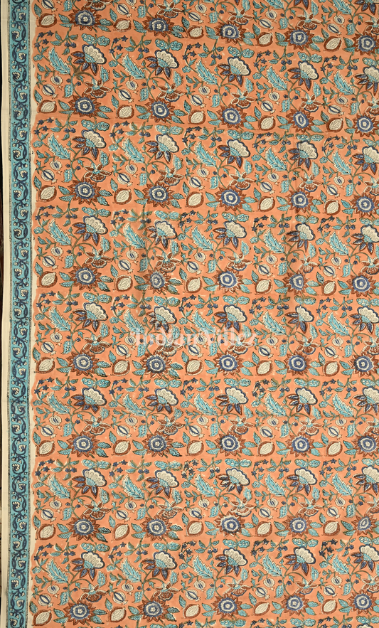 Light Orange Blue Sanganeri Block Printed Cotton Suit Sets 