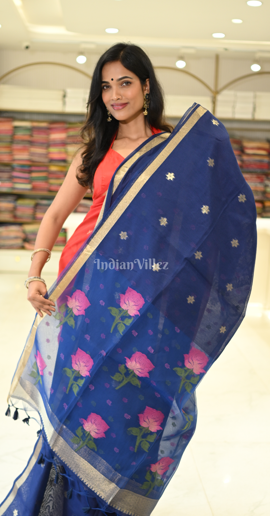 Blue Linen Saree with Pink Floral Pallu