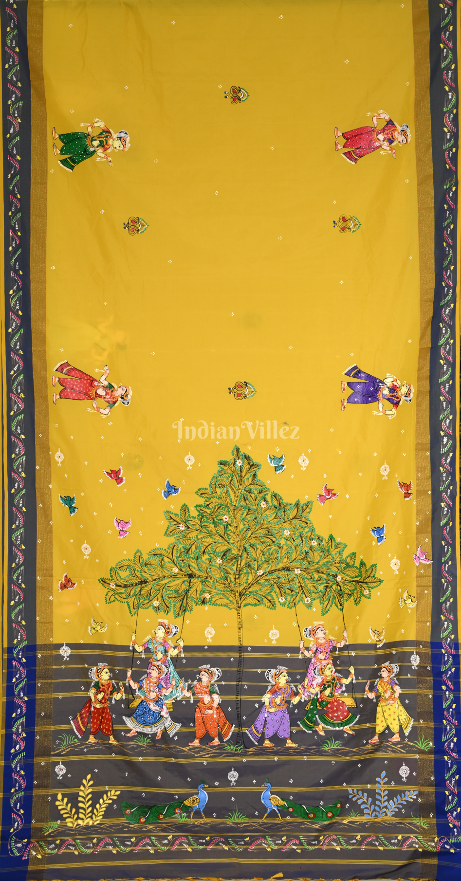 Yellow Grey Raja Doli Theme Hand-Painted Pattachitra Saree