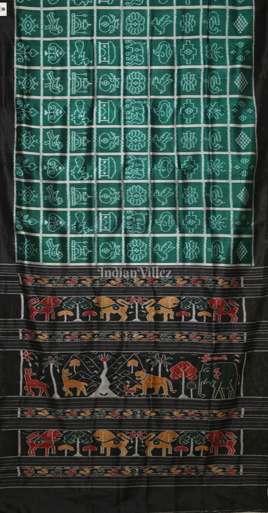 Teal Green Black Nabakothi Designer Contemporary Silk Saree with Jungle Anchal