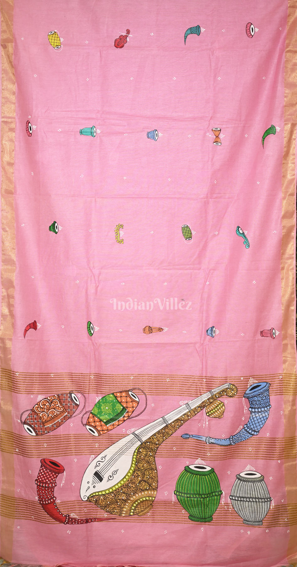Baby Pink Musical Theme Hand-Painted Pattachitra Saree 