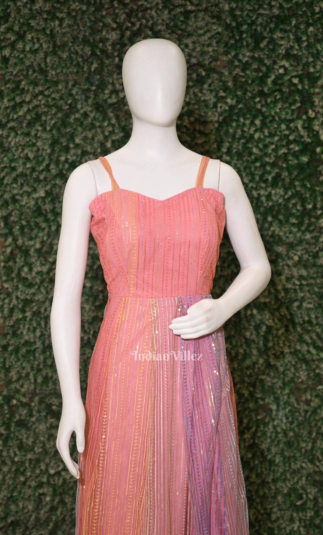 Party Wear Baby Pink Noodle Strap Designer Sequin Gown