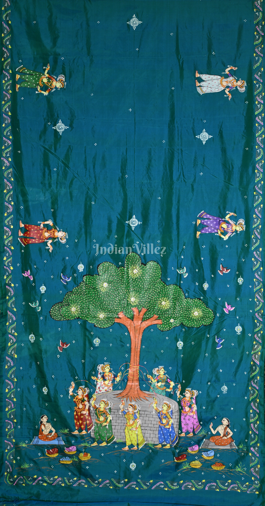 Sea Blue Vat Sabitri Theme Hand-Painted Pattachitra Saree