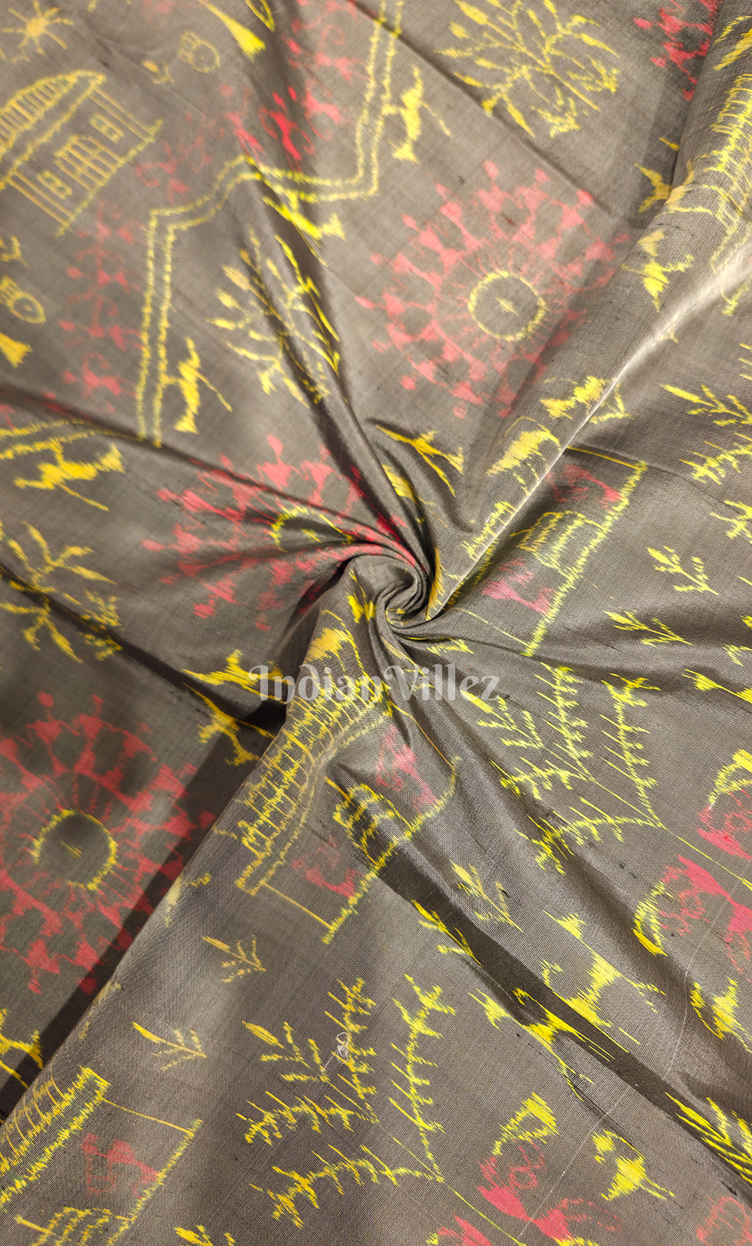 Grey with Multicolor Tribal Motif Odisha Ikat Sambalpuri Silk Fabric 