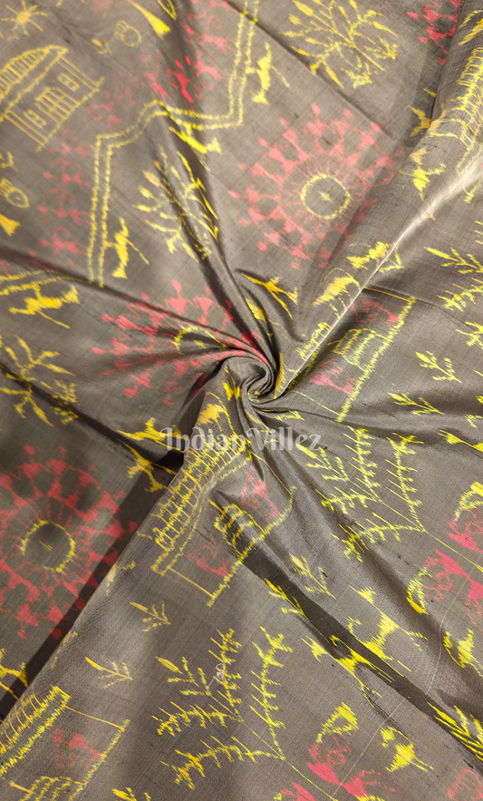 Grey with Multicolor Tribal Motif Odisha Ikat Sambalpuri Silk Fabric 
